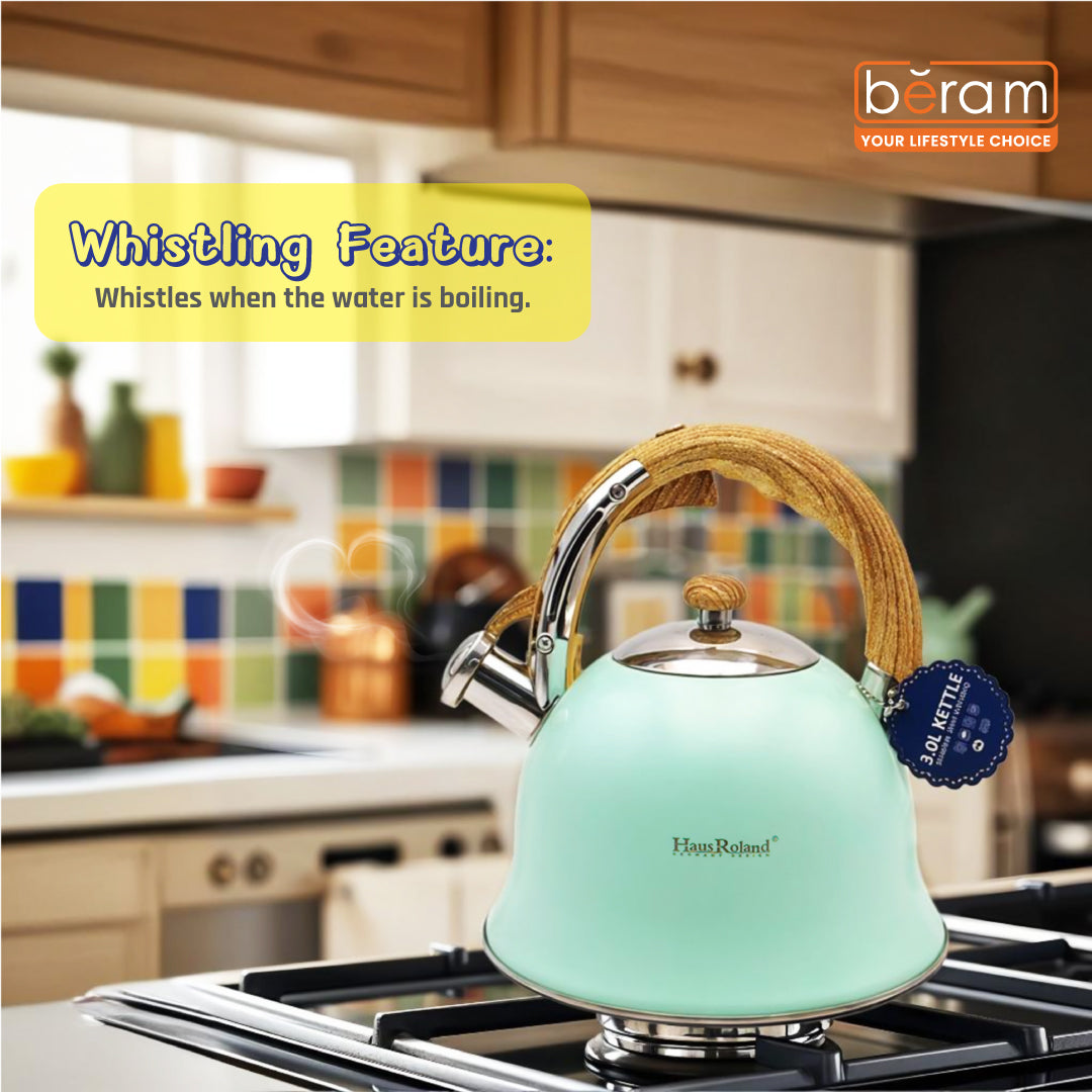 Haus Roland Stainless Steel Whistling Tea Kettle, Wooden Handles, 3L Capacity, Flat Bottom, for Electric, Gas, Induction, Radiation Stoves, Fast Boiling Teapot, Kitchen Utensils