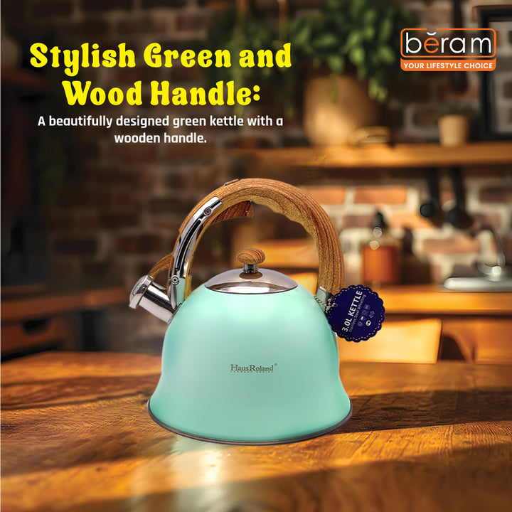 Haus Roland Stainless Steel Whistling Tea Kettle, Wooden Handles, 3L Capacity, Flat Bottom, for Electric, Gas, Induction, Radiation Stoves, Fast Boiling Teapot, Kitchen Utensils
