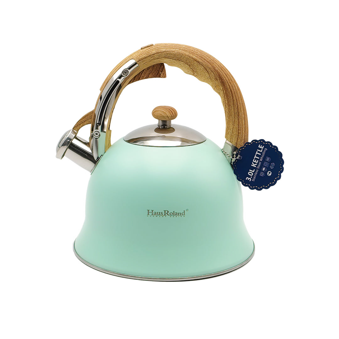 Haus Roland Stainless Steel Whistling Tea Kettle, Wooden Handles, 3L Capacity, Flat Bottom, for Electric, Gas, Induction, Radiation Stoves, Fast Boiling Teapot, Kitchen Utensils
