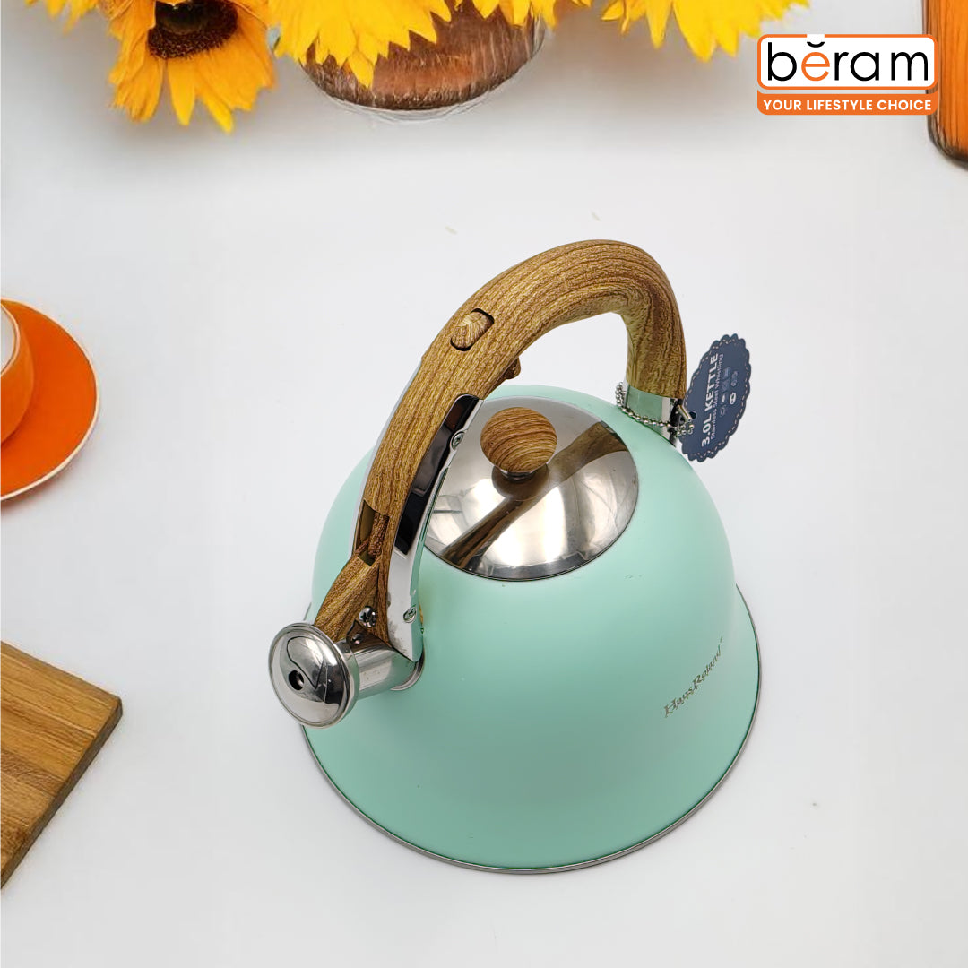 Haus Roland Stainless Steel Whistling Tea Kettle, Wooden Handles, 3L Capacity, Flat Bottom, for Electric, Gas, Induction, Radiation Stoves, Fast Boiling Teapot, Kitchen Utensils