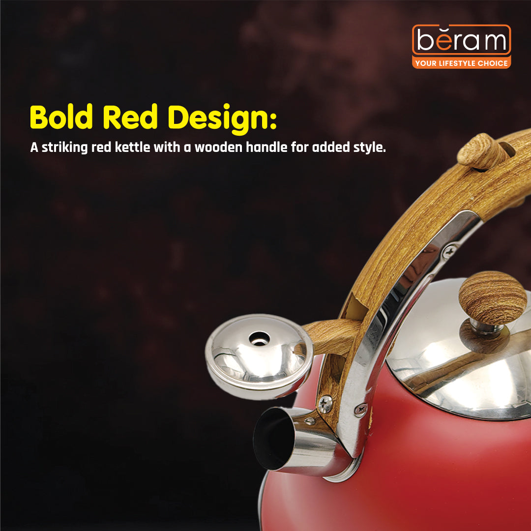 Haus Roland Stainless Steel Whistling Tea Kettle, Wooden Handles, 3L Capacity, Flat Bottom, for Electric, Gas, Induction, Radiation Stoves, Fast Boiling Teapot, Kitchen Utensils