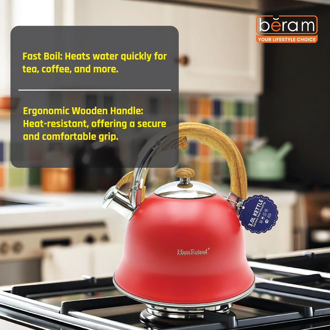 Haus Roland Stainless Steel Whistling Tea Kettle, Wooden Handles, 3L Capacity, Flat Bottom, for Electric, Gas, Induction, Radiation Stoves, Fast Boiling Teapot, Kitchen Utensils