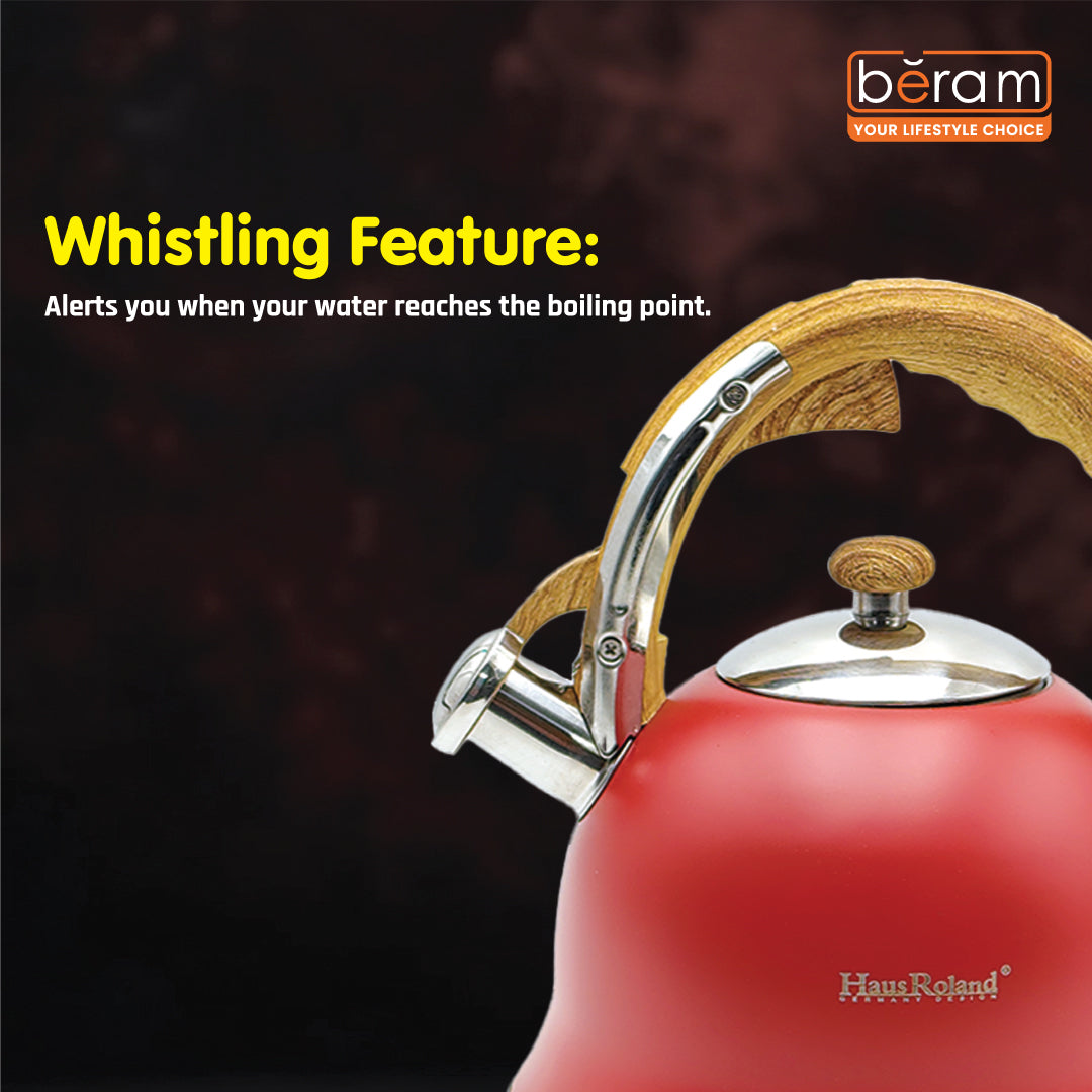Haus Roland Stainless Steel Whistling Tea Kettle, Wooden Handles, 3L Capacity, Flat Bottom, for Electric, Gas, Induction, Radiation Stoves, Fast Boiling Teapot, Kitchen Utensils