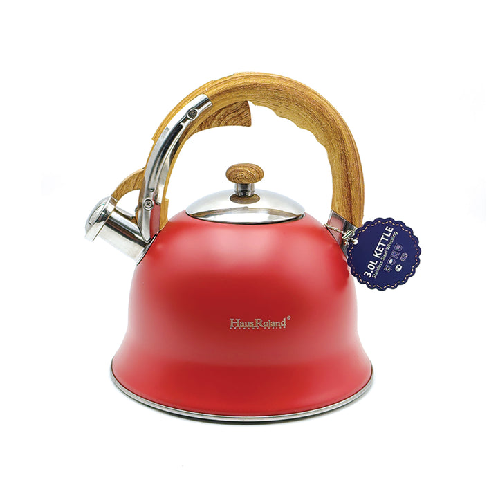 Haus Roland Stainless Steel Whistling Tea Kettle, Wooden Handles, 3L Capacity, Flat Bottom, for Electric, Gas, Induction, Radiation Stoves, Fast Boiling Teapot, Kitchen Utensils