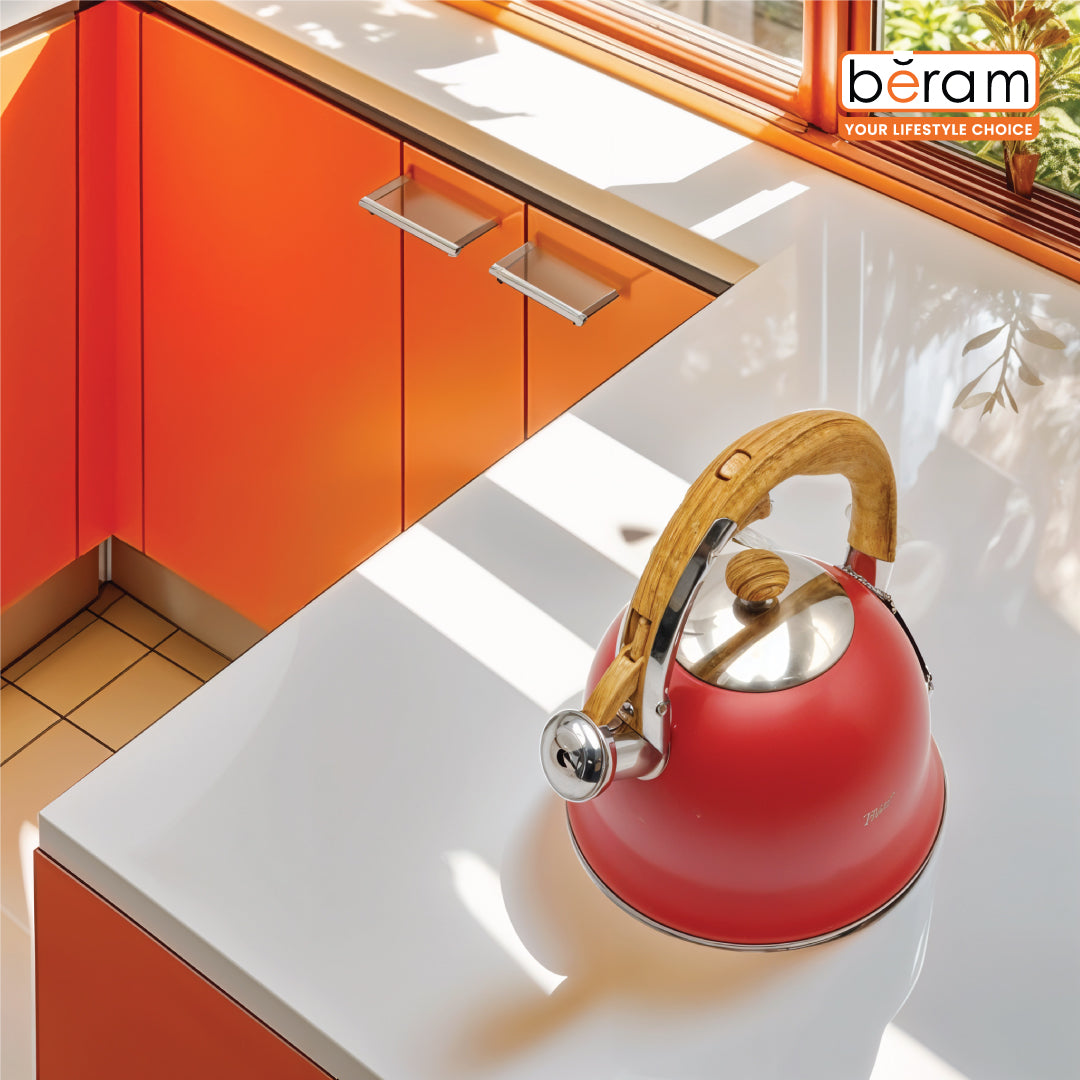 Haus Roland Stainless Steel Whistling Tea Kettle, Wooden Handles, 3L Capacity, Flat Bottom, for Electric, Gas, Induction, Radiation Stoves, Fast Boiling Teapot, Kitchen Utensils