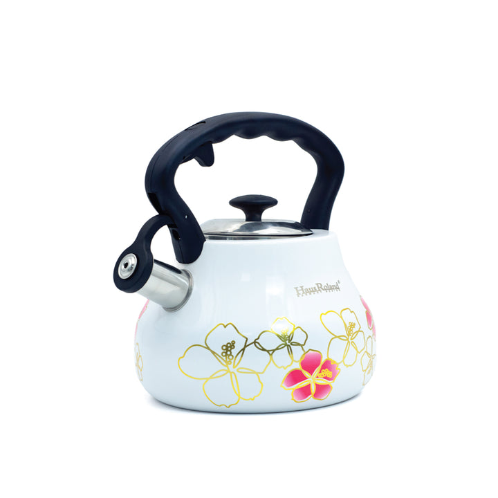 Haus Roland Whistling Tea Kettle, 3 Litre, Stainless Steel Teapot, with Floral Pattern, Nylon Handle, Ergonomic Button, Whistling Spout, Cool Touch, Fast Boiling Kitchen Utensil
