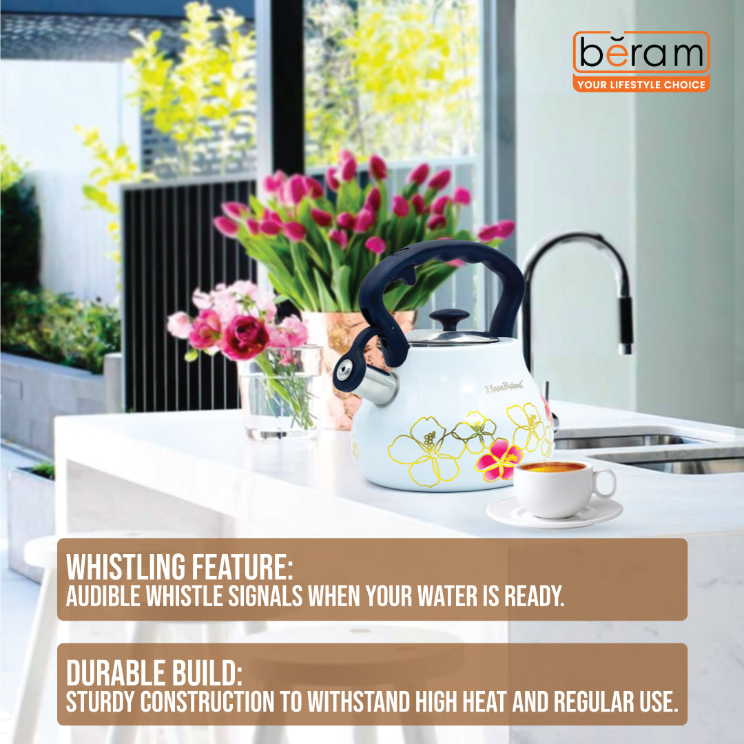 Haus Roland Whistling Tea Kettle, 3 Litre, Stainless Steel Teapot, with Floral Pattern, Nylon Handle, Ergonomic Button, Whistling Spout, Cool Touch, Fast Boiling Kitchen Utensil