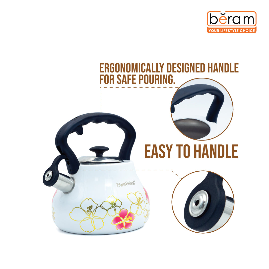 Haus Roland Whistling Tea Kettle, 3 Litre, Stainless Steel Teapot, with Floral Pattern, Nylon Handle, Ergonomic Button, Whistling Spout, Cool Touch, Fast Boiling Kitchen Utensil