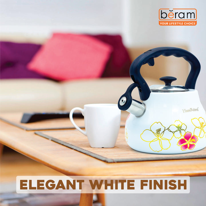 Haus Roland Whistling Tea Kettle, 3 Litre, Stainless Steel Teapot, with Floral Pattern, Nylon Handle, Ergonomic Button, Whistling Spout, Cool Touch, Fast Boiling Kitchen Utensil