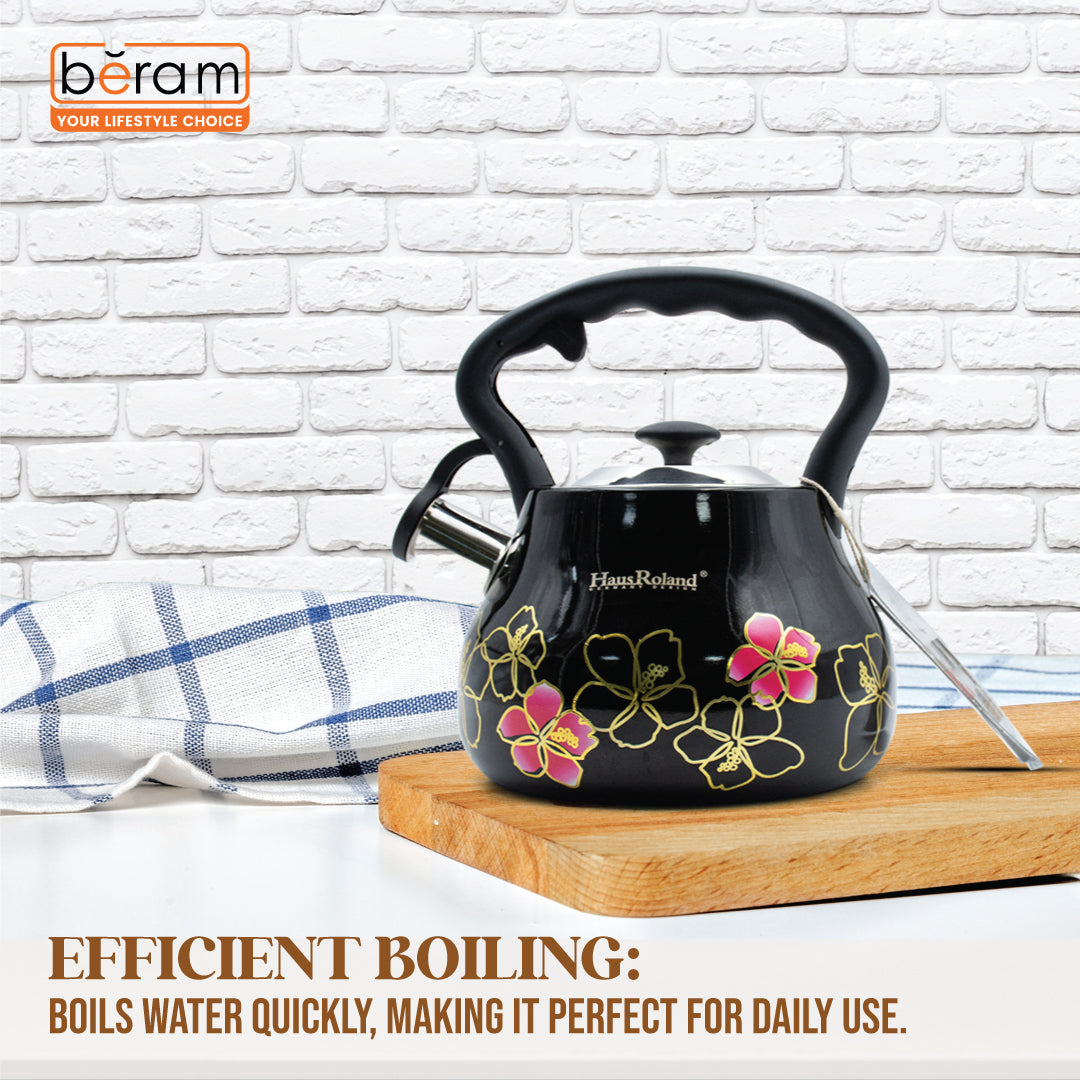 Haus Roland Whistling Tea Kettle, 3 Litre, Stainless Steel Teapot, with Floral Pattern, Nylon Handle, Ergonomic Button, Whistling Spout, Cool Touch, Fast Boiling Kitchen Utensil