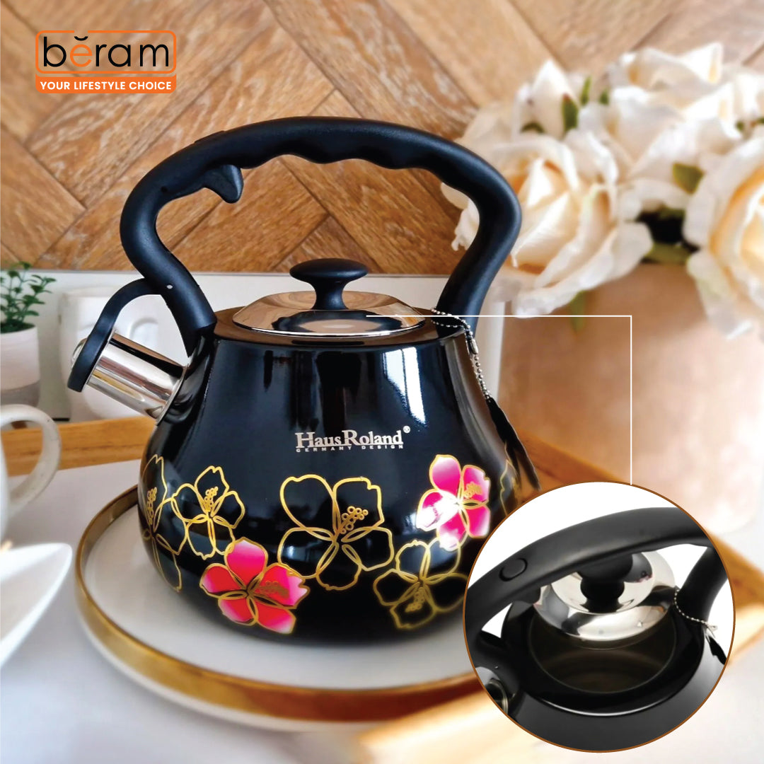 Haus Roland Whistling Tea Kettle, 3 Litre, Stainless Steel Teapot, with Floral Pattern, Nylon Handle, Ergonomic Button, Whistling Spout, Cool Touch, Fast Boiling Kitchen Utensil
