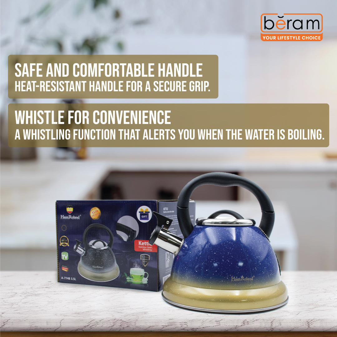 Haus Roland Stainless Steel Tea Kettle, Whistling Teapot, 3.5L Capacity, Suitable for Induction, Gas Stove, Construction, Glitter Finish, Fast Boiling Kitchen Utensil