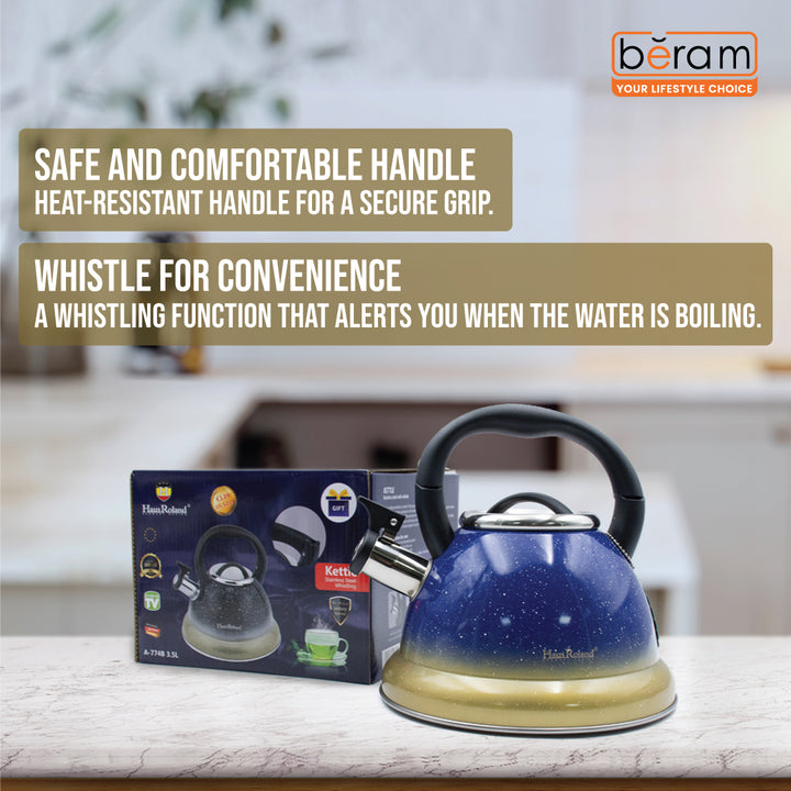 Haus Roland Stainless Steel Tea Kettle, Whistling Teapot, 3.5L Capacity, Suitable for Induction, Gas Stove, Construction, Glitter Finish, Fast Boiling Kitchen Utensil