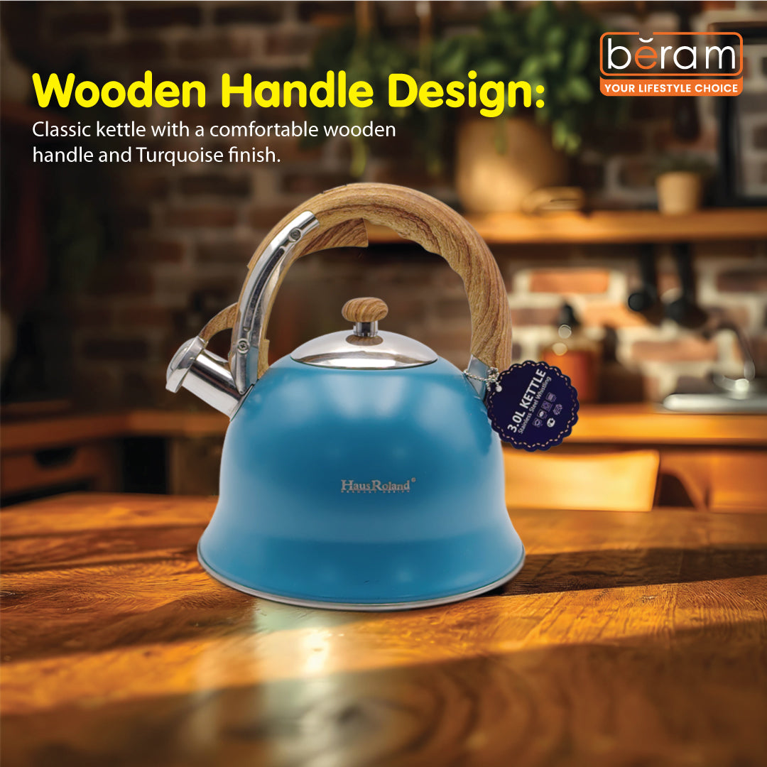 Haus Roland Stainless Steel Whistling Tea Kettle, Wooden Handles, 3L Capacity, Flat Bottom, for Electric, Gas, Induction, Radiation Stoves, Fast Boiling Teapot, Kitchen Utensils