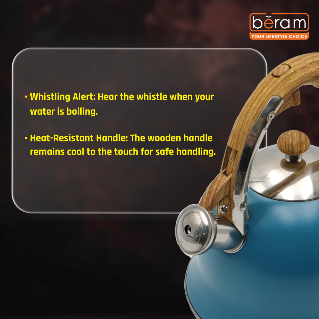 Haus Roland Stainless Steel Whistling Tea Kettle, Wooden Handles, 3L Capacity, Flat Bottom, for Electric, Gas, Induction, Radiation Stoves, Fast Boiling Teapot, Kitchen Utensils