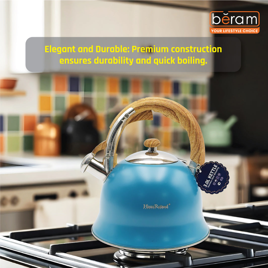 Haus Roland Stainless Steel Whistling Tea Kettle, Wooden Handles, 3L Capacity, Flat Bottom, for Electric, Gas, Induction, Radiation Stoves, Fast Boiling Teapot, Kitchen Utensils