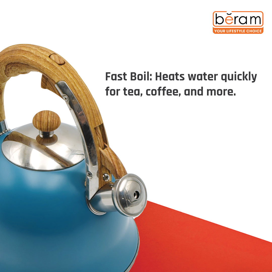 Haus Roland Stainless Steel Whistling Tea Kettle, Wooden Handles, 3L Capacity, Flat Bottom, for Electric, Gas, Induction, Radiation Stoves, Fast Boiling Teapot, Kitchen Utensils