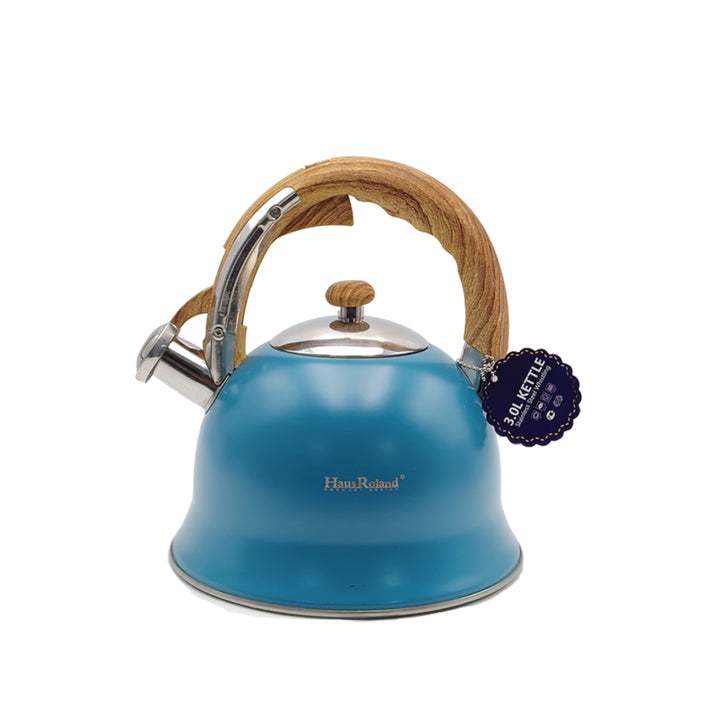 Haus Roland Stainless Steel Whistling Tea Kettle, Wooden Handles, 3L Capacity, Flat Bottom, for Electric, Gas, Induction, Radiation Stoves, Fast Boiling Teapot, Kitchen Utensils
