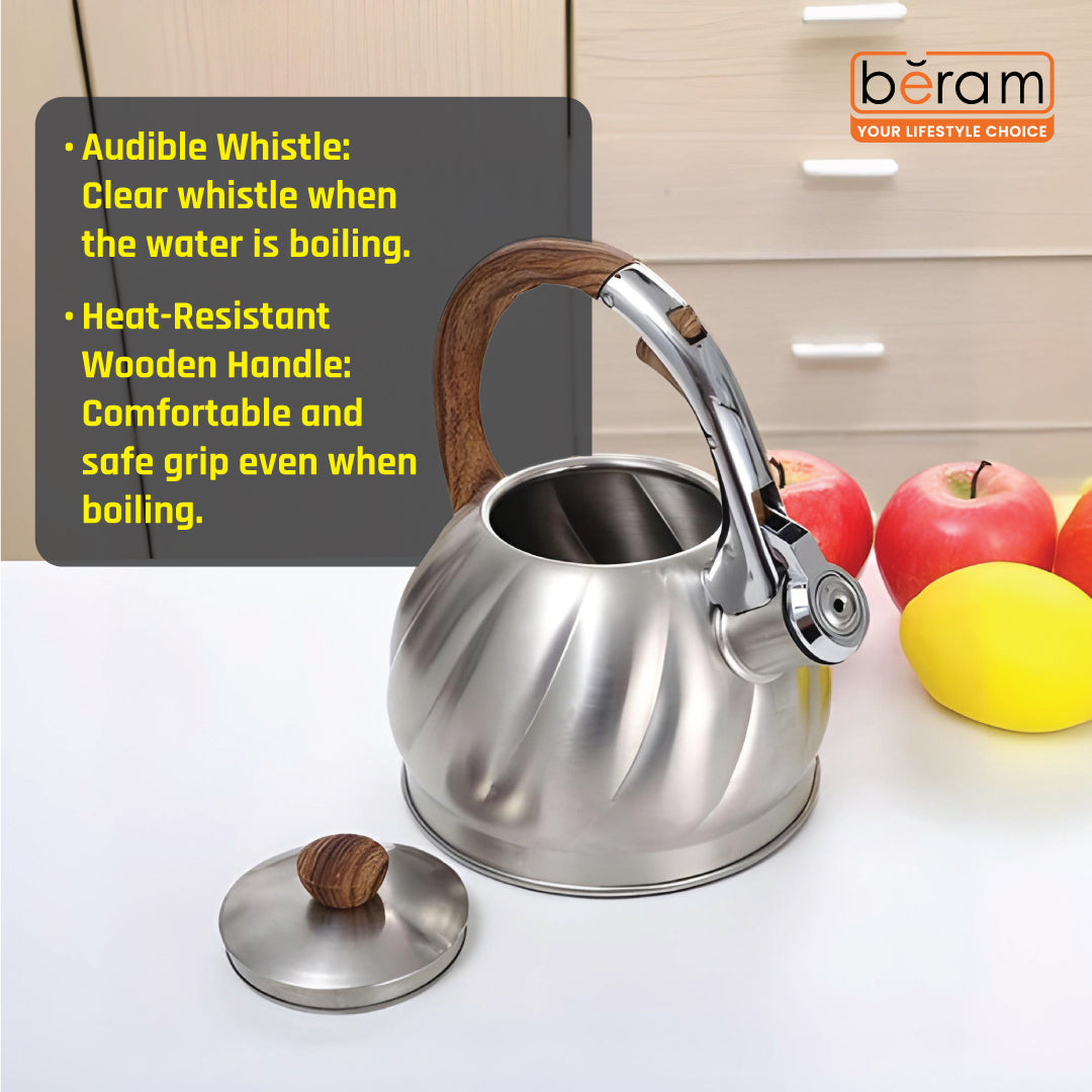 HAUS ROLAND Whistling Kettle, 2 Liter Water Kettle, Stovetop Tea Kettle, Stainless Steel Teapot, Wood Grain Handles, Fast Boiling, Perfect for Homes, Picnics, and Parties