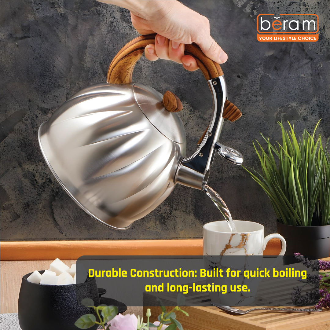 HAUS ROLAND Whistling Kettle, 2 Liter Water Kettle, Stovetop Tea Kettle, Stainless Steel Teapot, Wood Grain Handles, Fast Boiling, Perfect for Homes, Picnics, and Parties