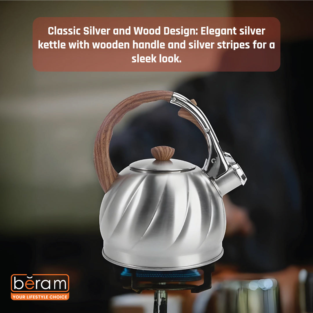 HAUS ROLAND Whistling Kettle, 2 Liter Water Kettle, Stovetop Tea Kettle, Stainless Steel Teapot, Wood Grain Handles, Fast Boiling, Perfect for Homes, Picnics, and Parties