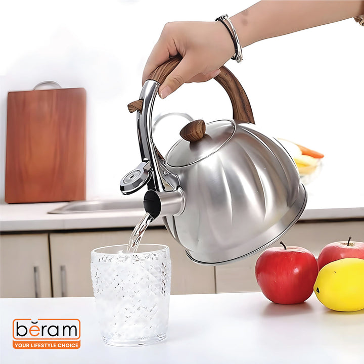 HAUS ROLAND Whistling Kettle, 2 Liter Water Kettle, Stovetop Tea Kettle, Stainless Steel Teapot, Wood Grain Handles, Fast Boiling, Perfect for Homes, Picnics, and Parties
