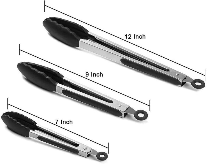 BERAM 270°C Heat Resistant Kitchen Tongs Set of 3- 18/8 Stainless Steel Tongs with Non Stick Silicone Tips 12,9,7 inch for Grilling BBQ Frying Salad and Food Serving Durable Locking Tongs Black