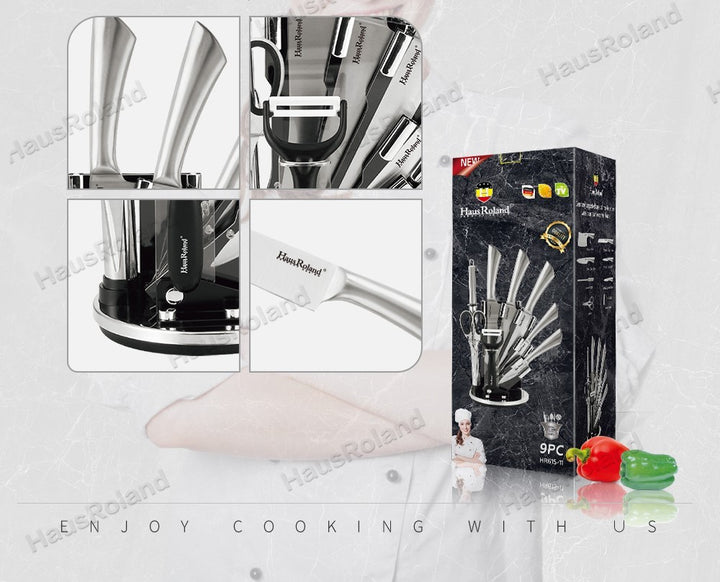 9 Pieces Kitchen Knife Set with Spinning Block