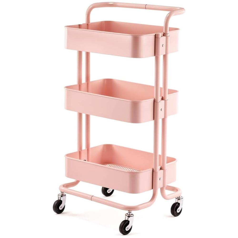 BERAM 3-Tier Metal Storage Rack with Handle & Smooth-Rolling Wheels Heavy-duty 3Basket Organizer for Kitchen Bathroom Pantry and Home Storage Durable Space Saving Pink