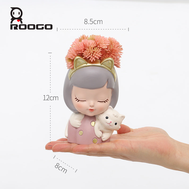 Beram Charming Figurine Set Green Pink Grey Polyresin Decorative Flower Vase Cute Girl Succulent Pot Modern Indoor Home Office Table Decor Propagator Kit Gift Set