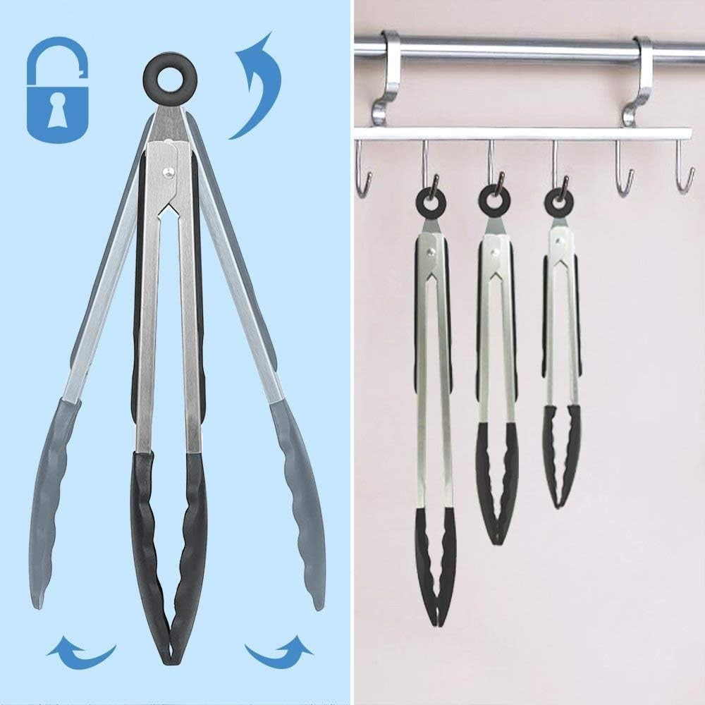 BERAM 270°C Heat Resistant Kitchen Tongs Set of 3- 18/8 Stainless Steel Tongs with Non Stick Silicone Tips 12,9,7 inch for Grilling BBQ Frying Salad and Food Serving Durable Locking Tongs Black