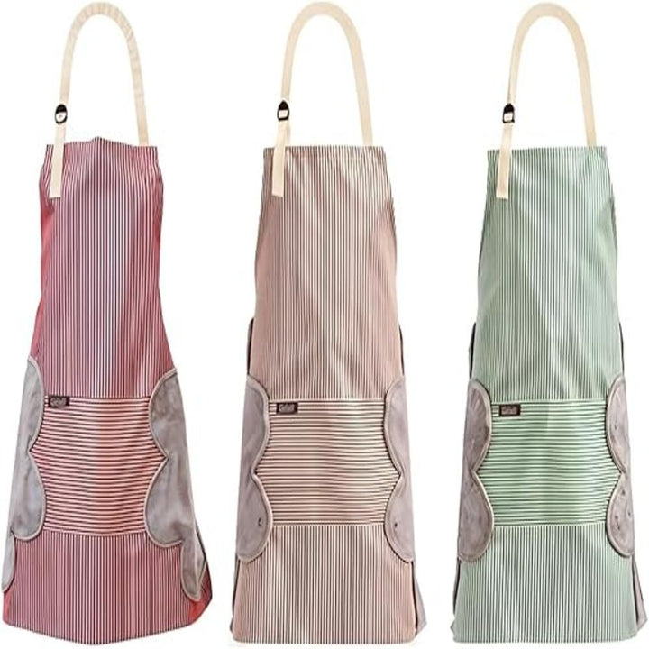 BERAM Unisex Bib Apron, Set of 3, Adjustable Kitchen Aprons, Storage Pockets, 2 Side Hand Wipe Coral Velvet Towels, Stitched, Pinstripe, Waterproof Cooking Aprons for Daily Use