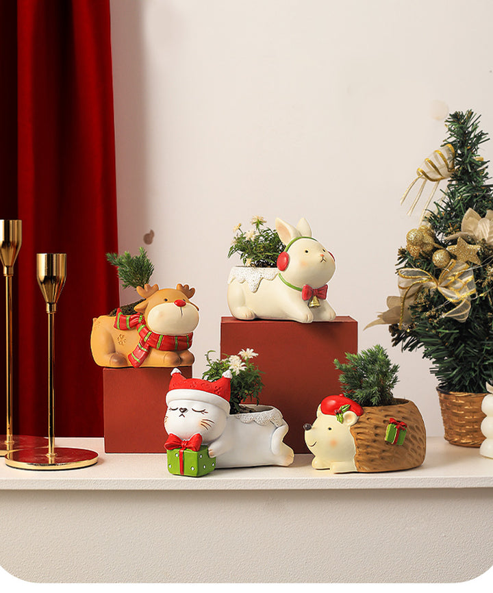 Animal Christmas Flower Pot 4 Pcs Set Rabbit Cat Porcupine Elephant Polyresin Succulent Planter Festive Mini Vase with Santa Hat Gift Box Design Indoor Outdoor Home Office Desk Decor Gift
