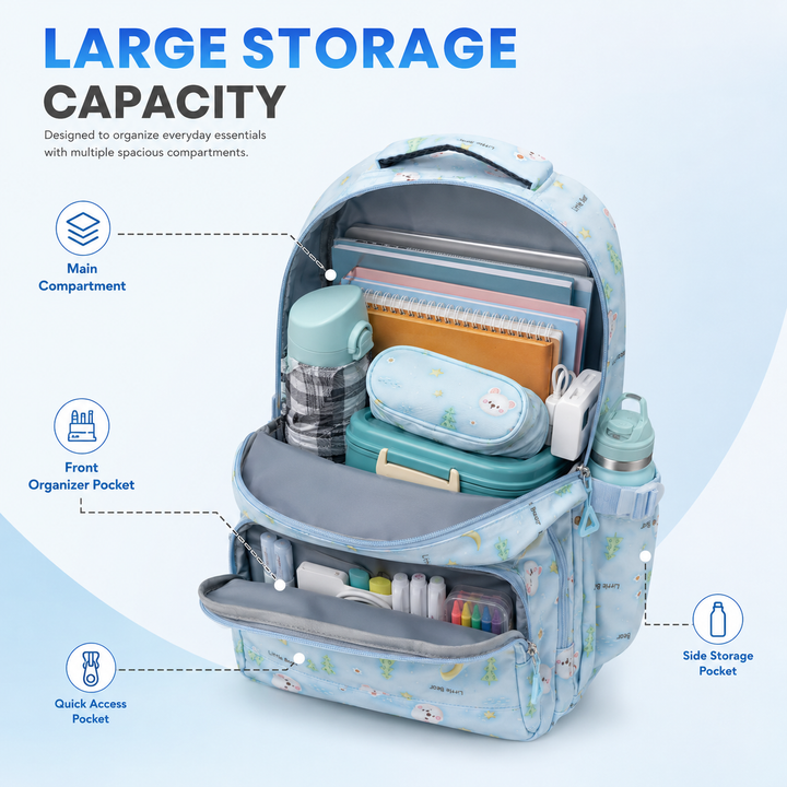 Bear Bloom School Backpack, Cute Bear Print Large Capacity Student Backpack with Multiple Compartments, Lightweight Book Bag with Side Pockets for School, Travel, Tuition & Daily Use