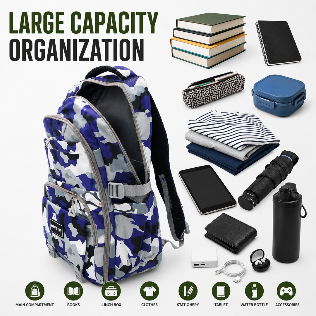 Urban Camo School Backpack, Large Capacity Camouflage Backpack with Multiple Compartments, Lightweight Student Book Bag with Side Bottle Pockets for School, College, Travel, Office & Daily Use
