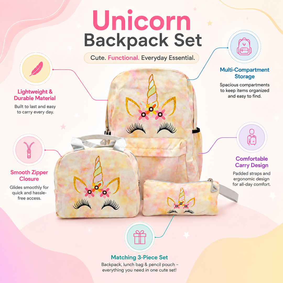 Magic Unicorn Pink 3-Piece School Backpack Set with Lunch Bag & Pencil Pouch, Large Capacity Lightweight School Bag with Adjustable Shoulder Straps for School, Travel & Everyday Use