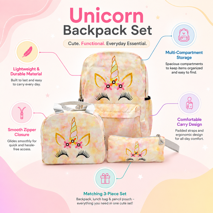 Magic Unicorn Pink 3-Piece School Backpack Set with Lunch Bag & Pencil Pouch, Large Capacity Lightweight School Bag with Adjustable Shoulder Straps for School, Travel & Everyday Use