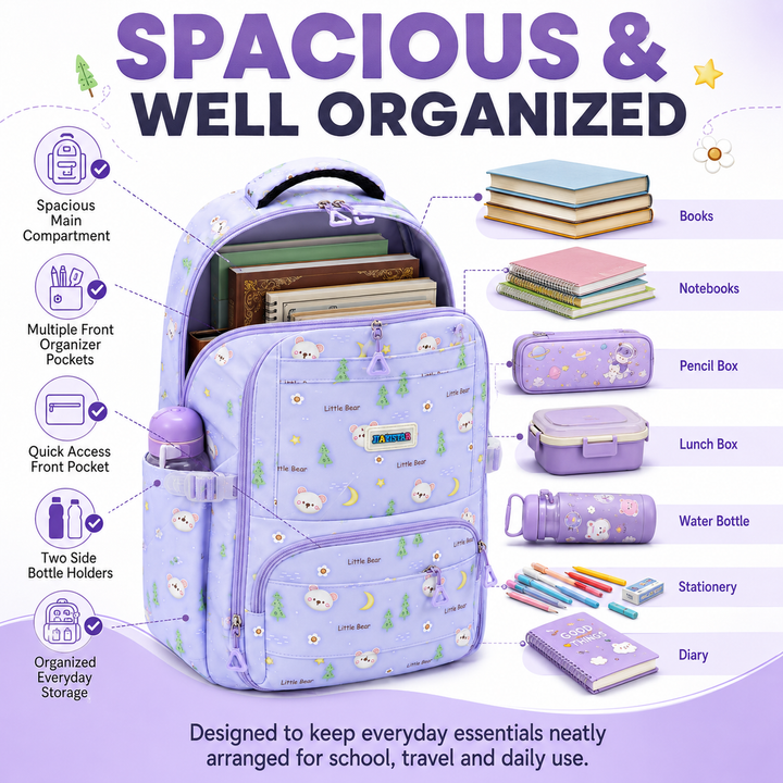 Bear Bloom School Backpack, Cute Bear Print Large Capacity Student Backpack with Multiple Compartments, Lightweight Book Bag with Side Pockets for School, Travel, Tuition & Daily Use