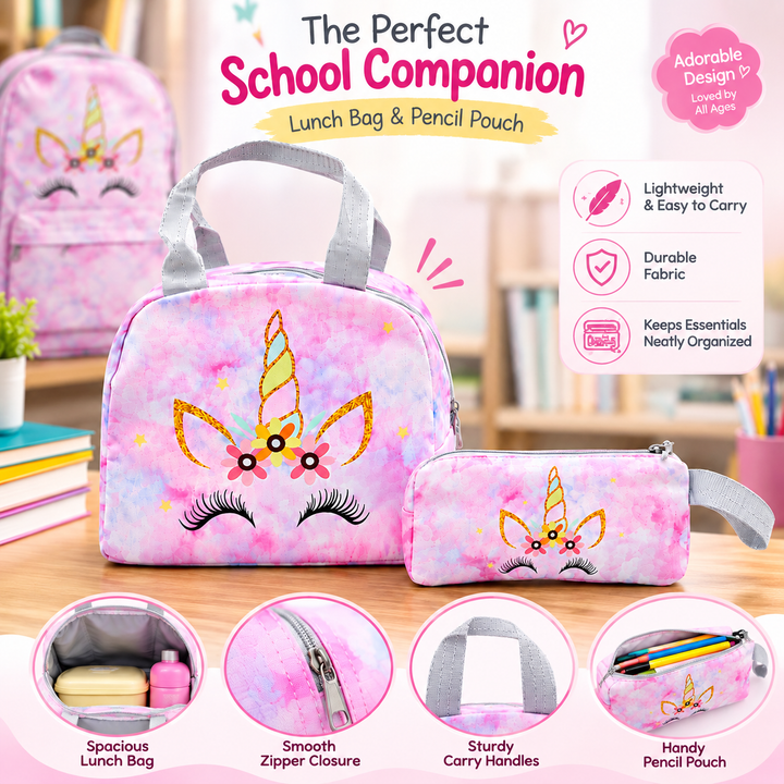 Magic Unicorn Pink 3-Piece School Backpack Set with Lunch Bag & Pencil Pouch, Large Capacity Lightweight School Bag with Adjustable Shoulder Straps for School, Travel & Everyday Use