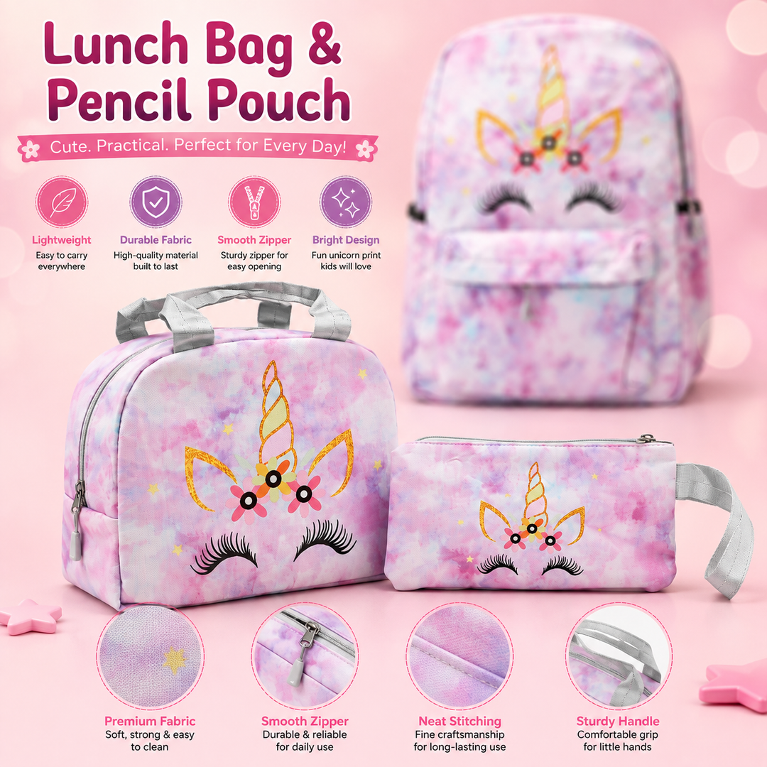 Magic Unicorn Pink 3-Piece School Backpack Set with Lunch Bag & Pencil Pouch, Large Capacity Lightweight School Bag with Adjustable Shoulder Straps for School, Travel & Everyday Use