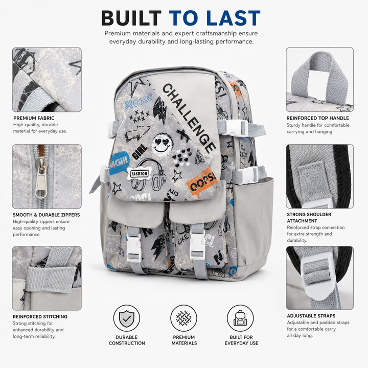 Sketch Art School Backpack 17 Inch, Lightweight Multi-Compartment Book Bag with Front Pocket, Side Pockets, Adjustable Shoulder Straps & Top Handle