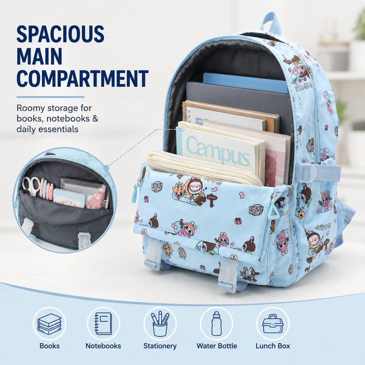 Doodle School Bag, Lightweight Backpack with Multiple Compartments, Front Utility Pocket, Side Bottle Pockets & Adjustable Shoulder Straps