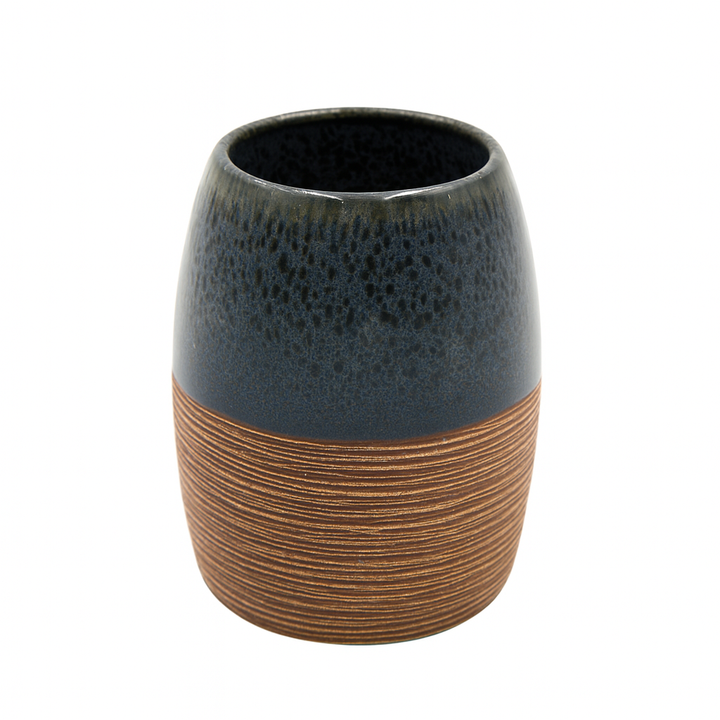 Beram Dispenser Plain Stripes 4 Piece Ceramic Bathroom Accessory Set Rustic Matte Finish with Soap Dispenser Tumbler Toothbrush Holder & Soap Dish Handmade (Blue and Brown) (4PCS Set)