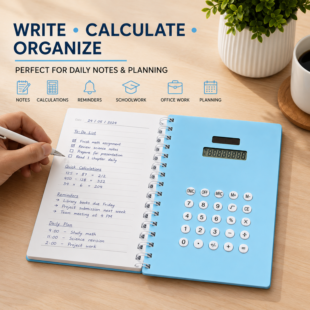 Calculator Spiral Notebook, Ruled Writing Notebook with Built-In Calculator, Spiral Bound Notebook for School, Office, Study, Notes, Journaling and Everyday Writing