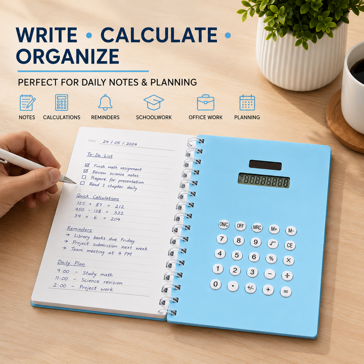 Calculator Spiral Notebook, Ruled Writing Notebook with Built-In Calculator, Spiral Bound Notebook for School, Office, Study, Notes, Journaling and Everyday Writing