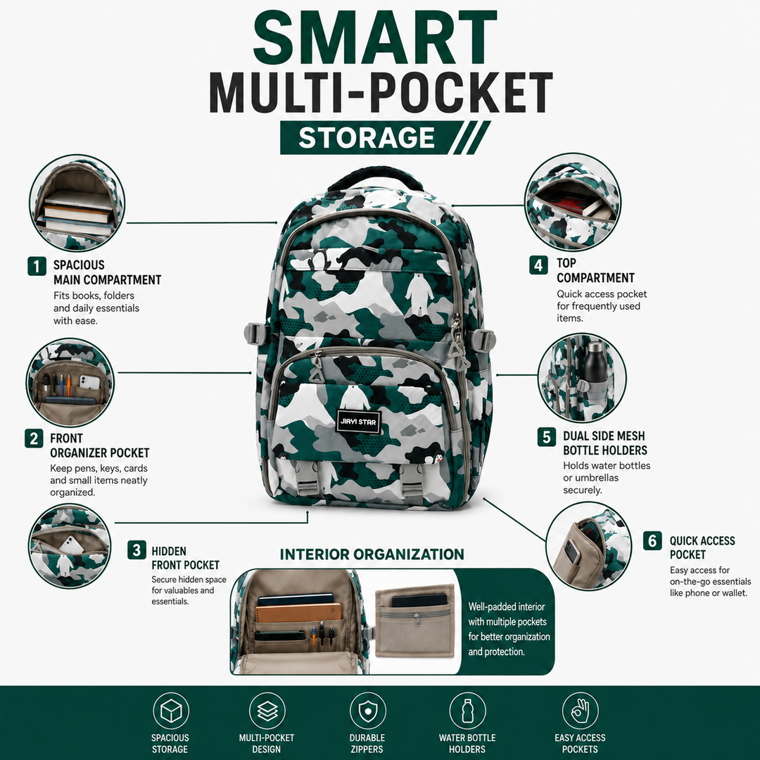 Urban Camo School Backpack, Large Capacity Camouflage Backpack with Multiple Compartments, Lightweight Student Book Bag with Side Bottle Pockets for School, College, Travel, Office & Daily Use