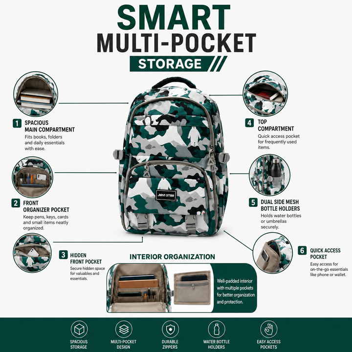 Urban Camo School Backpack, Large Capacity Camouflage Backpack with Multiple Compartments, Lightweight Student Book Bag with Side Bottle Pockets for School, College, Travel, Office & Daily Use