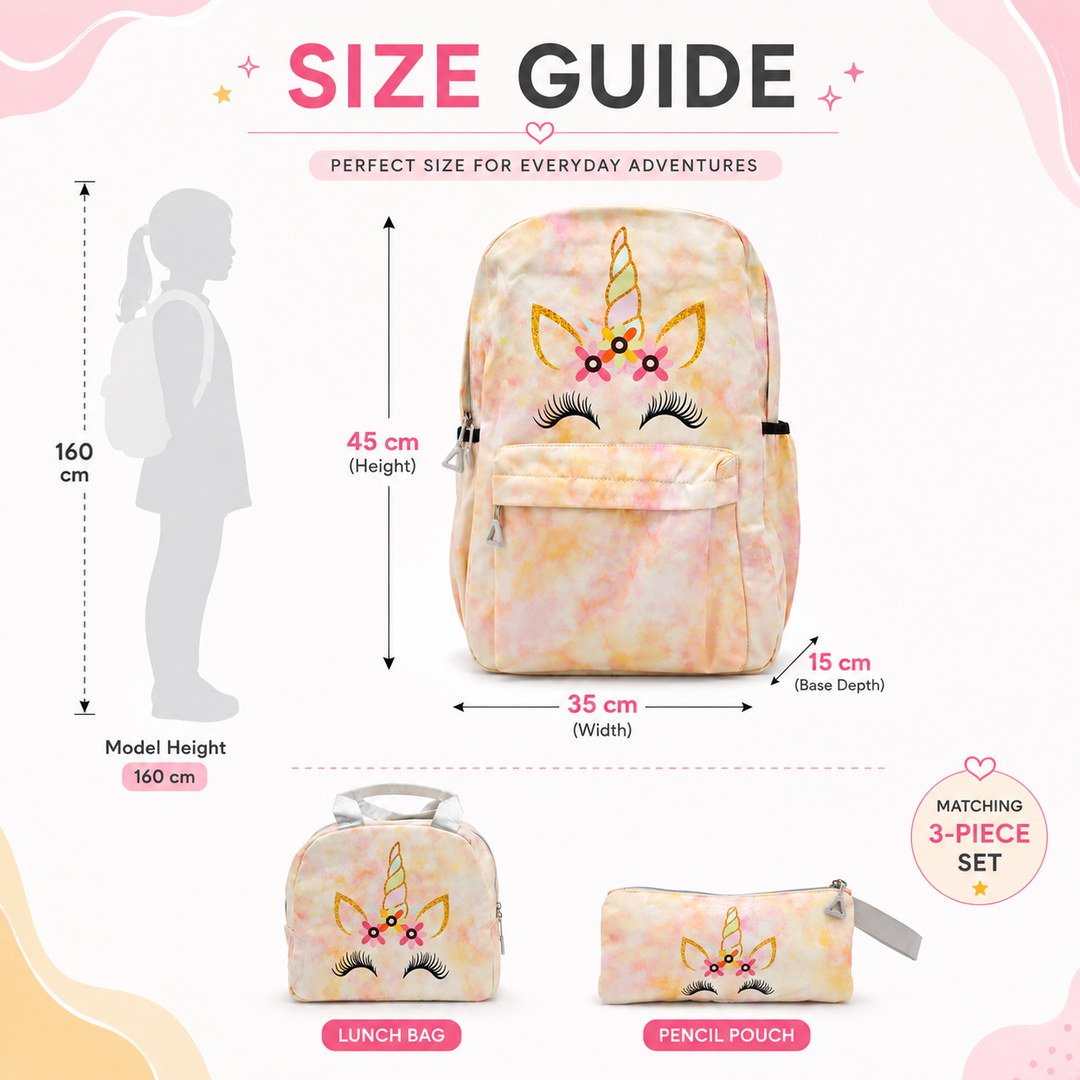 Magic Unicorn Pink 3-Piece School Backpack Set with Lunch Bag & Pencil Pouch, Large Capacity Lightweight School Bag with Adjustable Shoulder Straps for School, Travel & Everyday Use