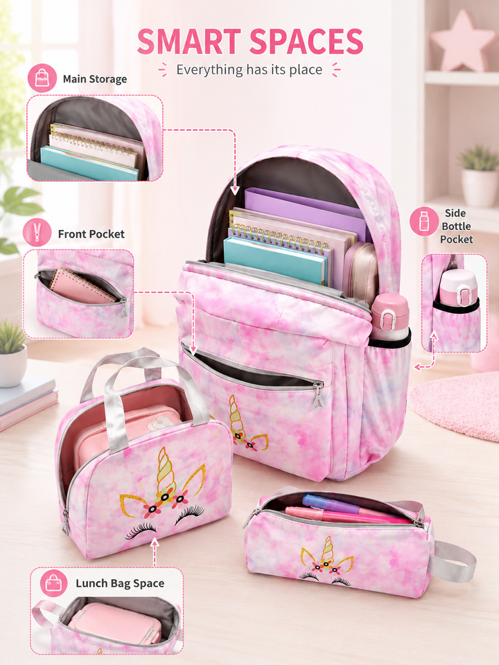 Magic Unicorn Pink 3-Piece School Backpack Set with Lunch Bag & Pencil Pouch, Large Capacity Lightweight School Bag with Adjustable Shoulder Straps for School, Travel & Everyday Use