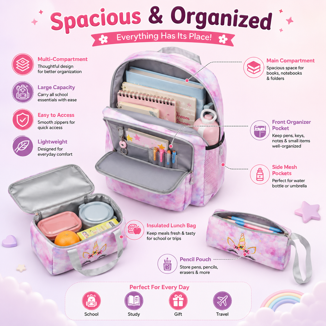 Magic Unicorn Pink 3-Piece School Backpack Set with Lunch Bag & Pencil Pouch, Large Capacity Lightweight School Bag with Adjustable Shoulder Straps for School, Travel & Everyday Use